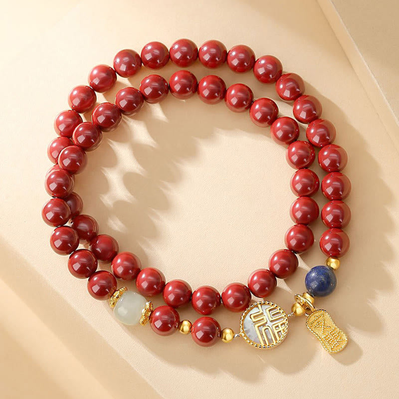 Pulsera de bendición de doble envoltura con carácter Fu de piedra Tridacna de cinabrio de plata de ley 925 de Buddha Stones