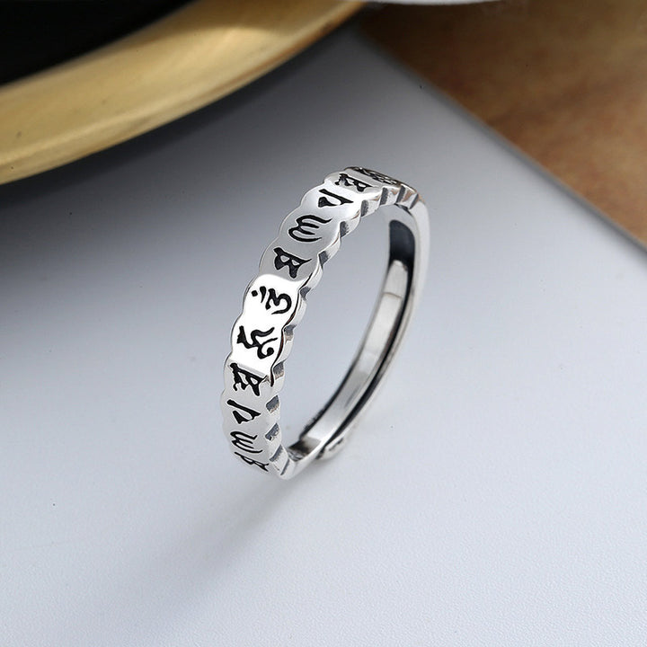 Anillo de sabiduría tranquila con seis palabras verdaderas de plata de ley 925 con Buddha Stones