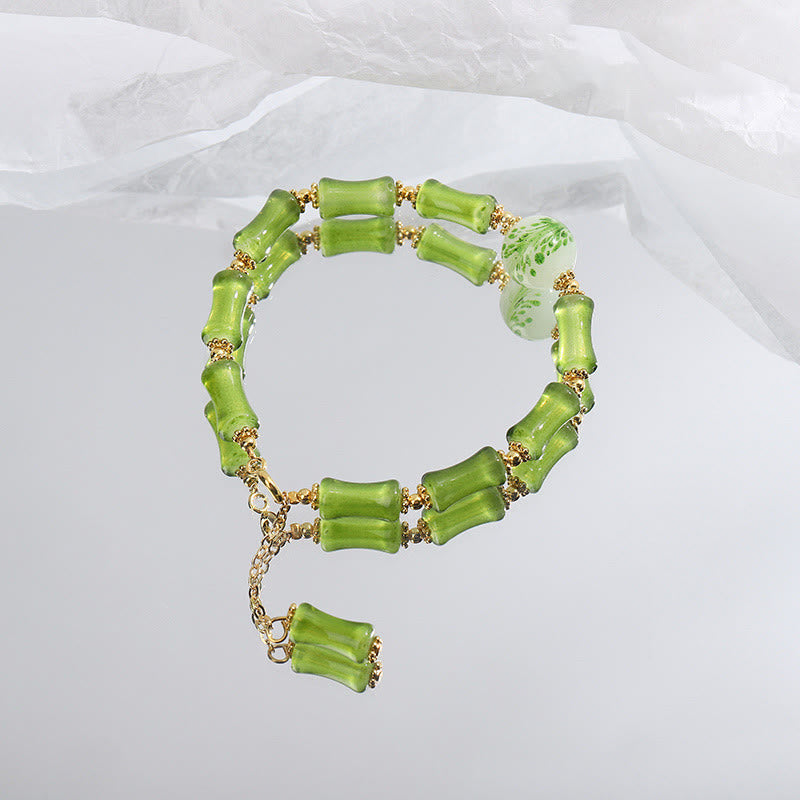Pulsera de cadena de riqueza con Buddha Stones, patrón de bambú verde, cristal Liuli, ágata musgo