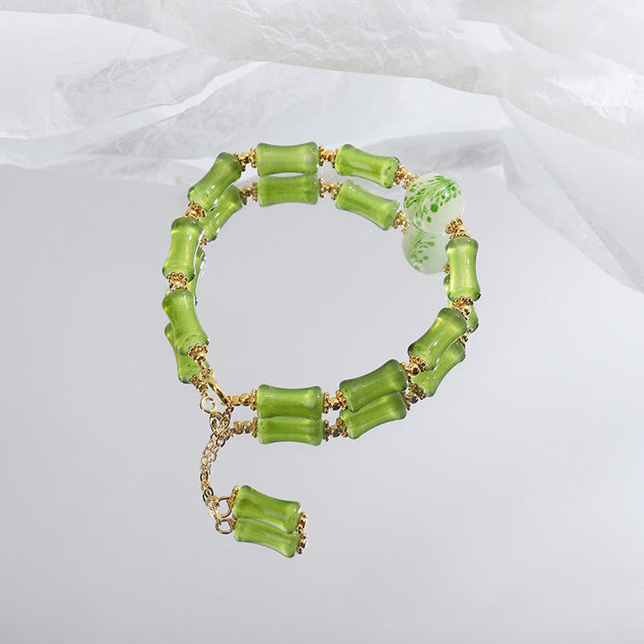 Pulsera de cadena de riqueza con Buddha Stones, patrón de bambú verde, cristal Liuli, ágata musgo