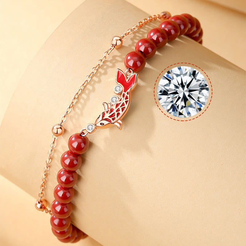 Pulsera de cadena de doble capa de plata de ley 925 con Buddha Stones , pez Koi de la suerte, circonita cinabrio, prosperidad