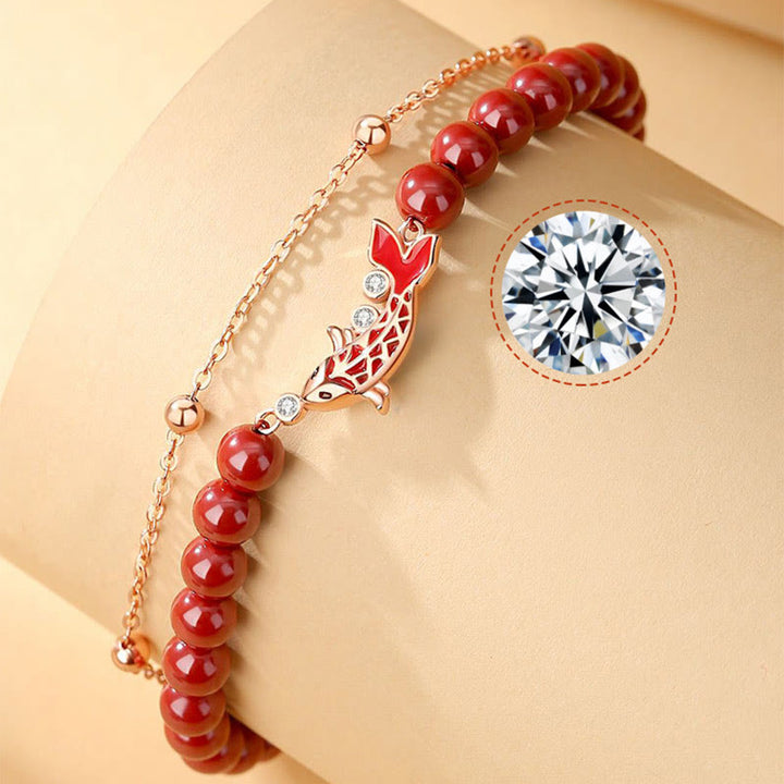 Pulsera de cadena de doble capa de plata de ley 925 con Buddha Stones , pez Koi de la suerte, circonita cinabrio, prosperidad