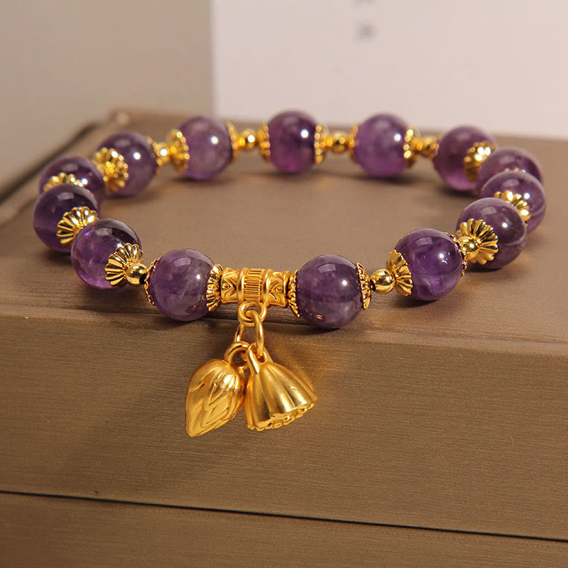 Pulsera espiritual curativa de loto y amatista natural con Buddha Stones