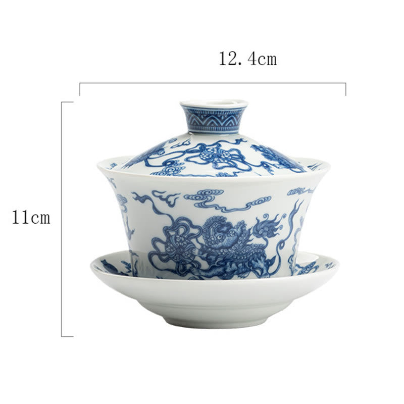 Buddha Stones Porcelana Azul Y Blanca Loto Pez Koi Danza Del León Sandía Cerámica Gaiwan Sancai Taza De Té Kung Fu Taza De Té Y Platillo Con Tapa 300ml
