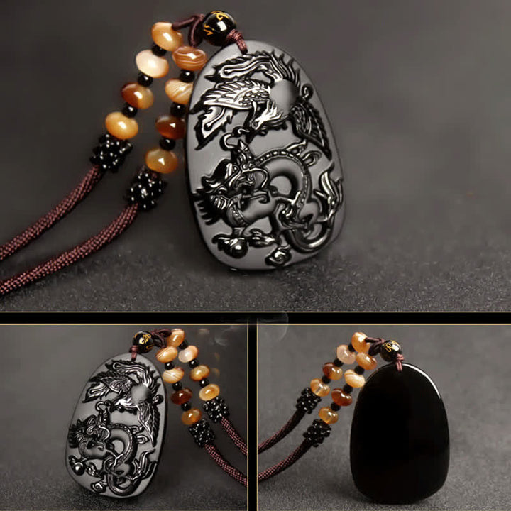 Colgante de collar con cuentas de protección de dragón y fénix de ojo de tigre de obsidiana negra - image 5