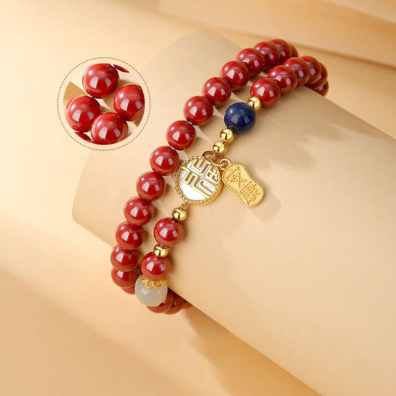 Pulsera de bendición de doble envoltura con carácter Fu de piedra Tridacna de cinabrio de plata de ley 925 de Buddha Stones