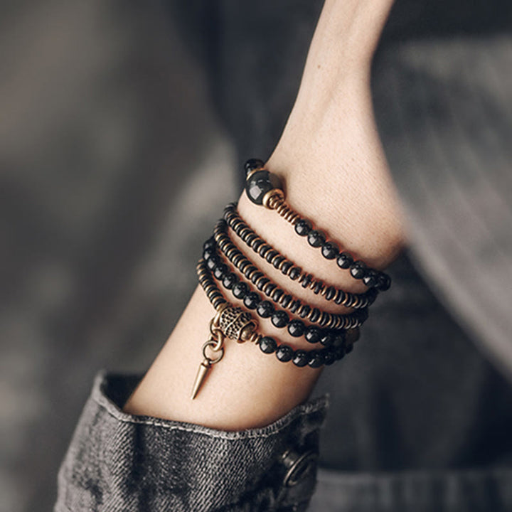 Pulsera multicapa positiva de cobre y madera de ébano, obsidiana, arcoíris , Buddha Stones