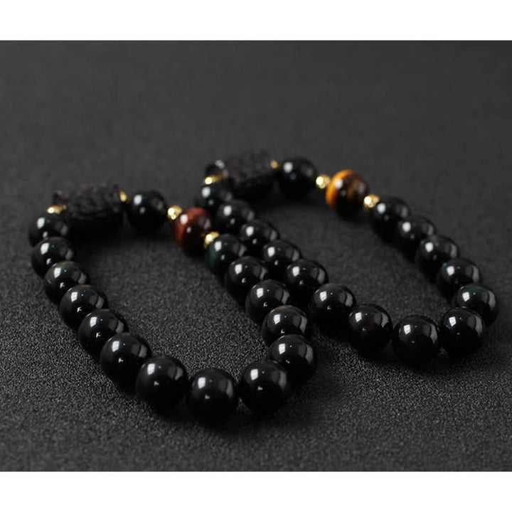 Pulsera de pareja de fuerza de ojo de tigre rojo de madera de ébano de obsidiana negra