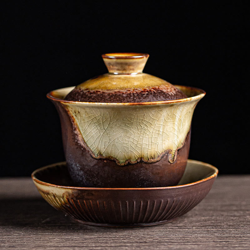 Buddha Stones Vintage marrón horno cambiar diseño porcelana cerámica Gaiwan Sancai taza de té Kung Fu y platillo con tapa