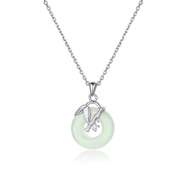 Collar con colgante de plata de ley 925 con Buddha Stones , jade hetiano, hoja de bambú, hebilla de la paz y prosperidad