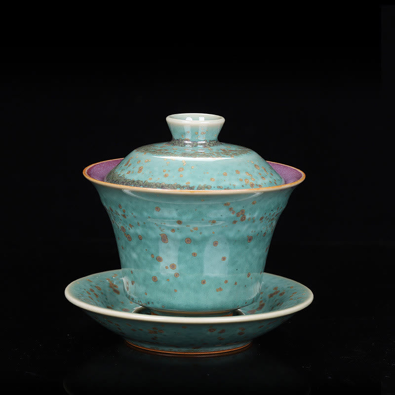 Taza de té y platillo con tapa, cerámica Gaiwan Sancai, cambio de horno de esmalte Retro, Buddha Stones , Kung Fu
