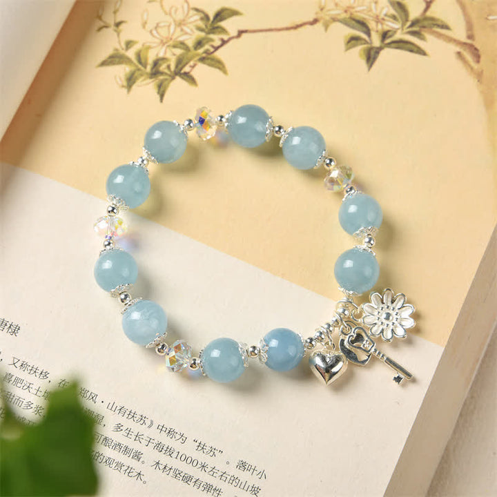 Pulsera con dije de llave de amor con flor de serenidad de aguamarina natural de plata de ley 925