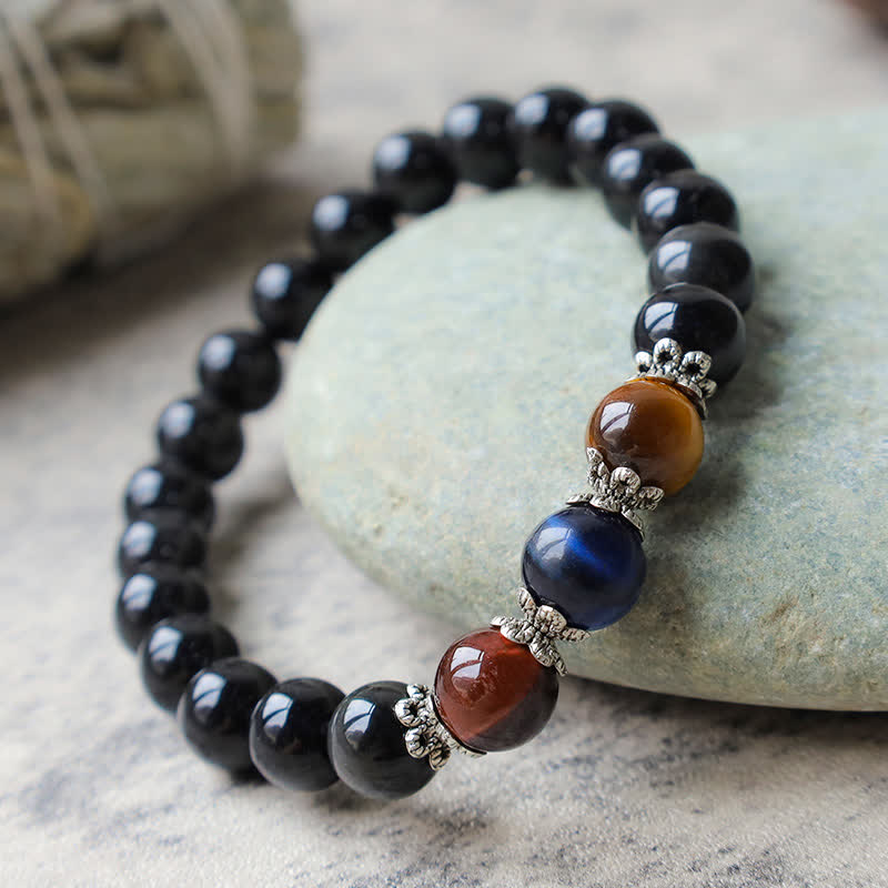 Pulsera de fuerza de ojo de tigre tricolor de obsidiana negra natural