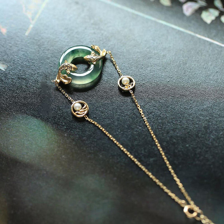 Pulsera de armonía curativa con peces Koi de jade cian y Buddha Stones