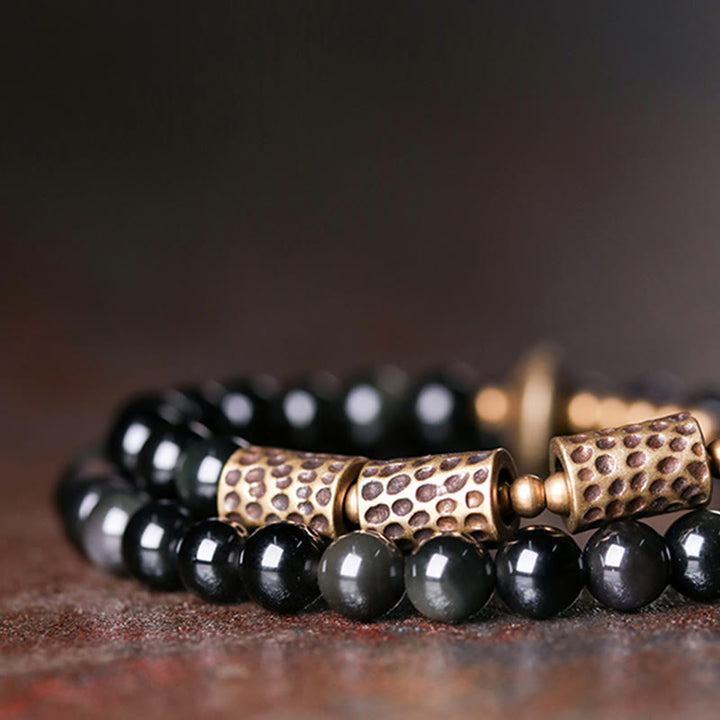 Pulsera de doble vuelta de cobre y obsidiana arcoíris con Buddha Stones