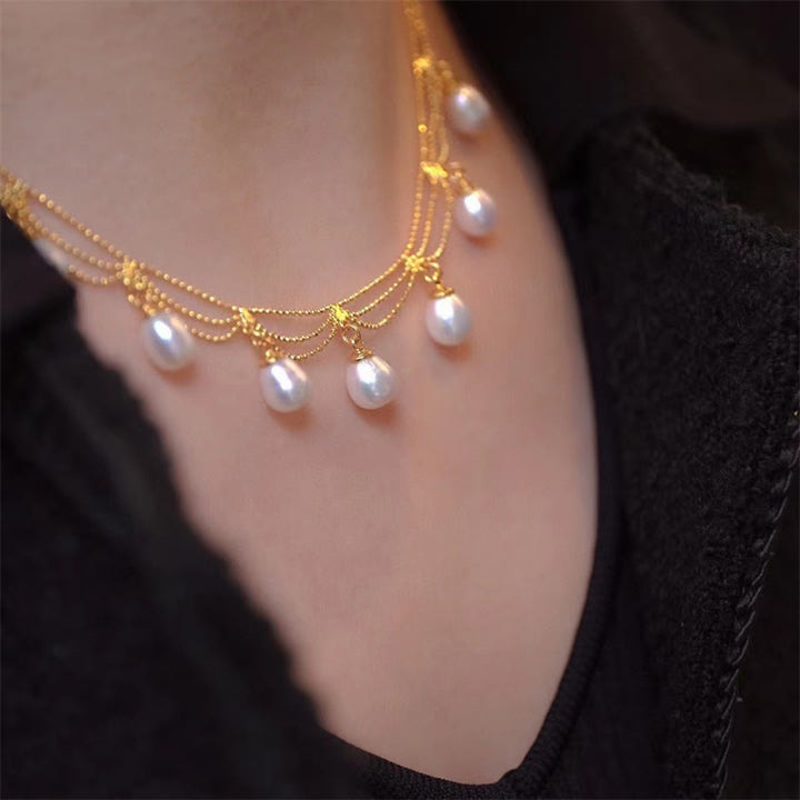 Vintage 14K chapado en oro perla curación multicapa collar colgante