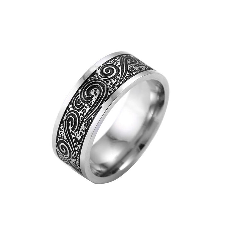 Anillo de equilibrio de acero de titanio con patrón grabado de nubes auspiciosas de onda vintage - image 4