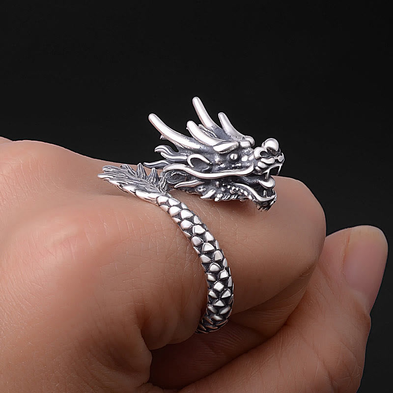 Anillo ajustable de plata de ley 990 con Buddha Stones , diseño de dragón vintage, protección de la suerte y fuerza - image 5