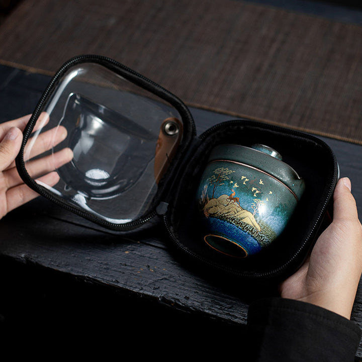 Taza de té de cerámica con Buddha Stones , ciervo, árboles de montaña, gato encantador, taza de té negra con tapa y bolsa