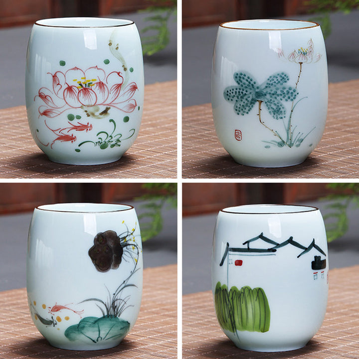 Taza de té de cerámica con Buddha Stones, pez Koi, paisaje de loto, diente de león, flor de peonía, taza de té de Kung Fu