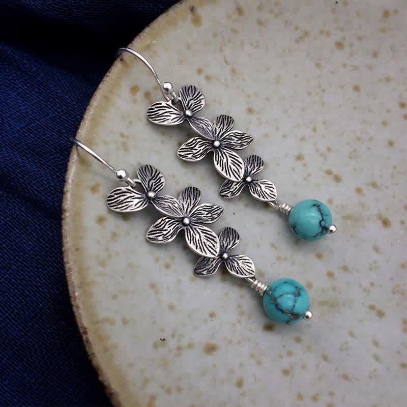 Pendientes colgantes de plata de ley 925 con forma de flor de lazurita turquesa y hoja de serenidad