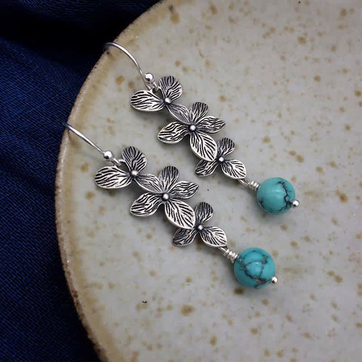 Pendientes colgantes de plata de ley 925 con forma de flor de lazurita turquesa y hoja de serenidad
