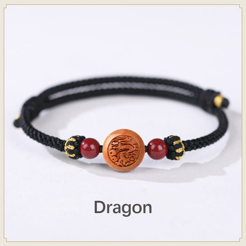 Pulsera de riqueza de cinabrio tallada con carácter del zodíaco chino, madera de melocotón Natural, Buddha Stones - Dragón-Negro (Circunferencia de la muñeca 14-18 cm) - image 17