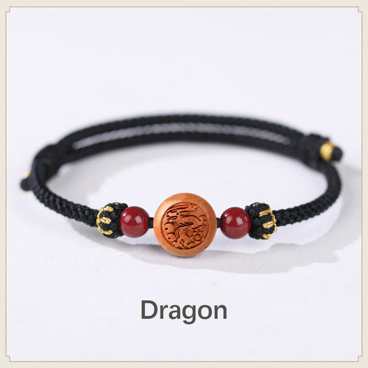 Pulsera de riqueza de cinabrio tallada con carácter del zodíaco chino, madera de melocotón Natural, Buddha Stones - Dragón-Negro (Circunferencia de la muñeca 14-18 cm) - image 17
