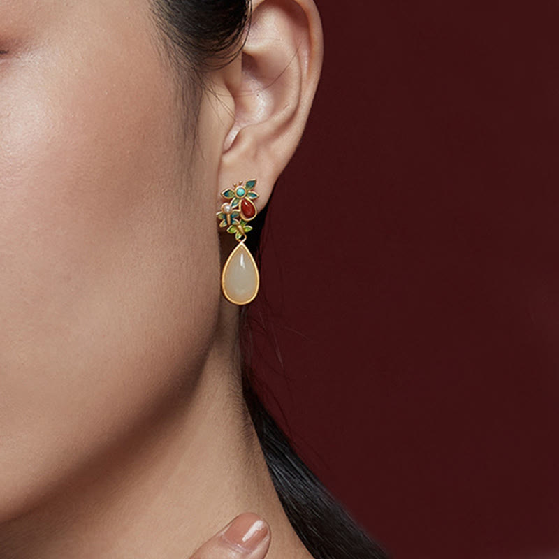 Pendientes colgantes con forma de gota de agua , Buddha Stones , Jade blanco, ágata roja, mariposa, protección