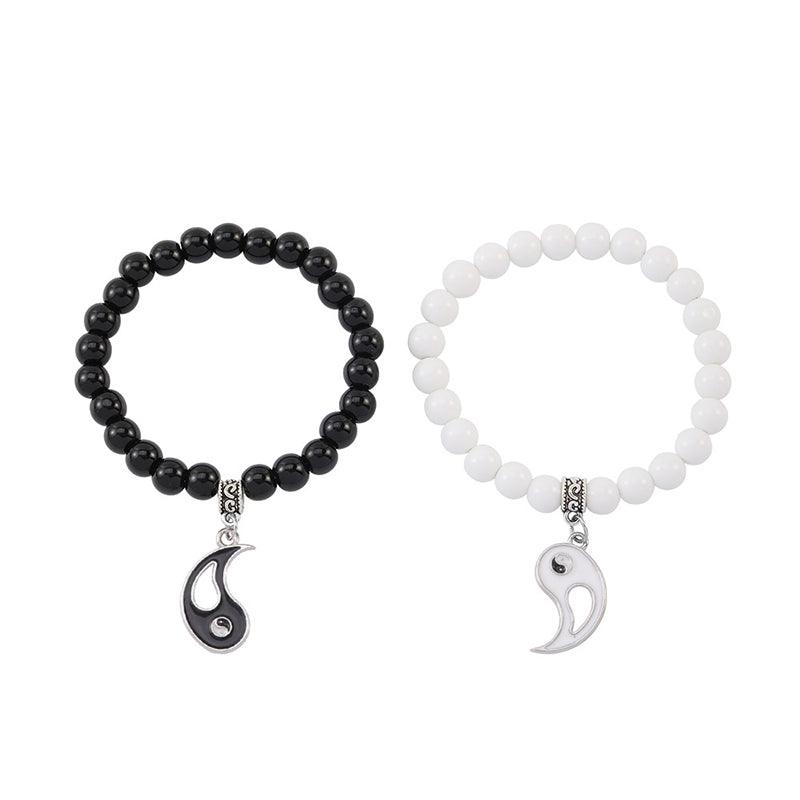 Buddha Stones 2 uds. Pulsera de pareja de protección Yin Yang con cuentas de turquesa blanca y ónix negro