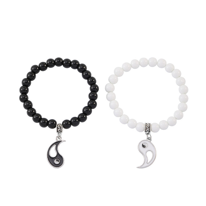 Buddha Stones 2 uds. Pulsera de pareja de protección Yin Yang con cuentas de turquesa blanca y ónix negro