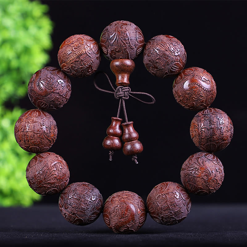 Pulsera de calidez tallada con monedas de cobre, ébano y palisandro del zodiaco chino con Buddha Stones y Pixiu
