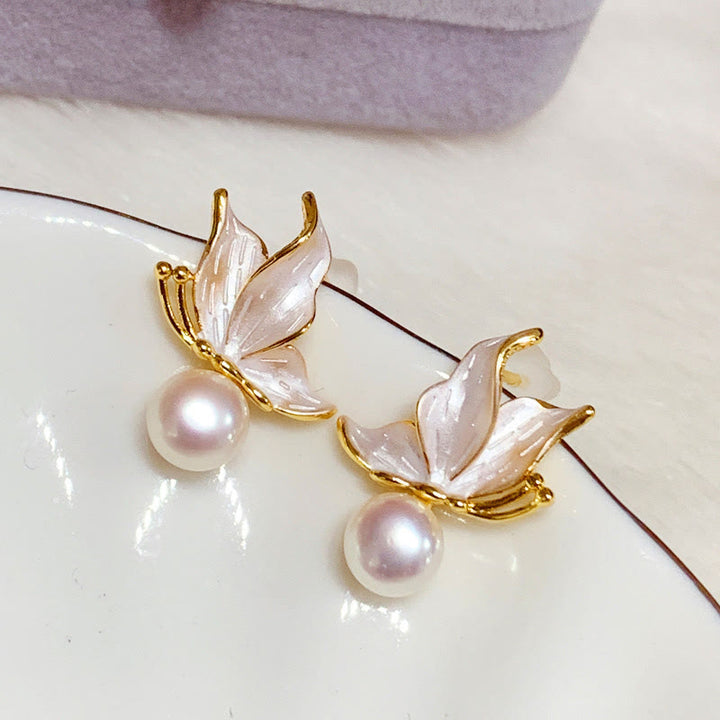 Pendientes de plata de ley 925 con Buddha Stones , chapados en cobre, oro, perlas naturales, mariposa, sabiduría