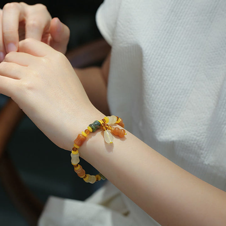 Pulsera con dijes de riqueza de calabaza de jade de seda dorada natural