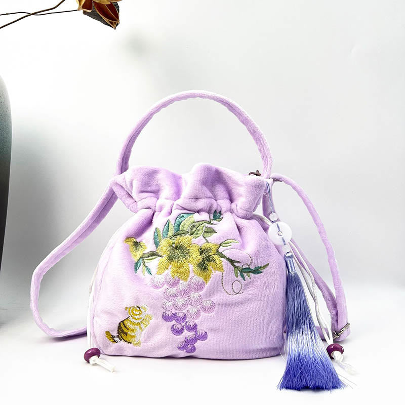Buddha Stones bordado Osmanthus peonía uva gato algodón lino bolso bandolera bolso de hombro bolso