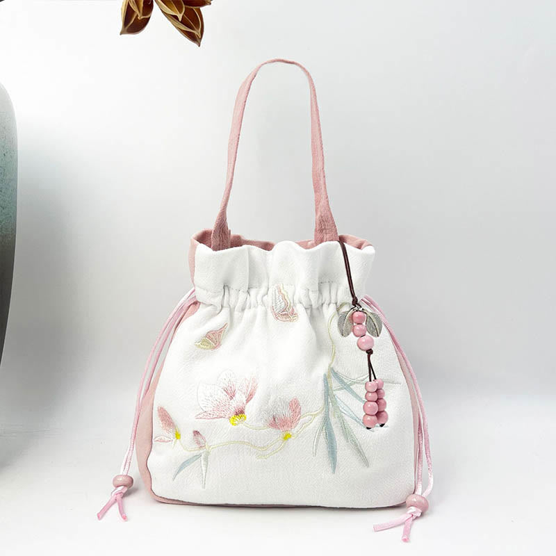 Bolso bandolera con Buddha Stones, bordado, mariposa, loto, magnolia, algodón y lino