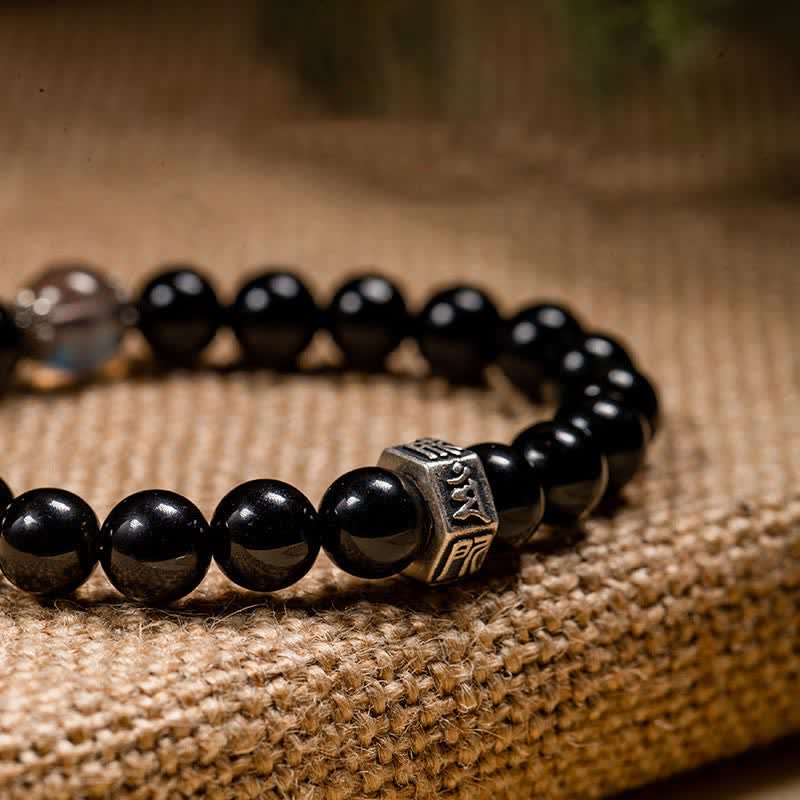 Pulsera de fuerza de piedra lunar de obsidiana negra de plata de ley 925 con Buda natal del zodíaco chino