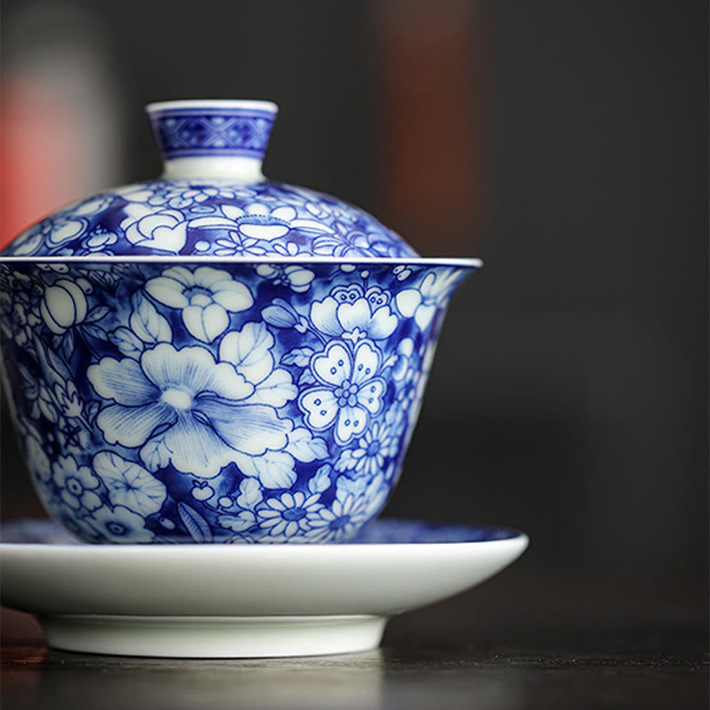 Taza de té y platillo de cerámica Gaiwan Sancai, porcelana azul y blanca Vintage, Buddha Stones , Kung Fu, con tapa