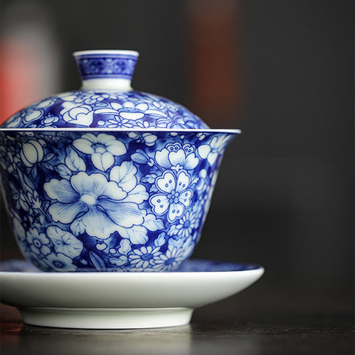 Taza de té y platillo de cerámica Gaiwan Sancai, porcelana azul y blanca Vintage, Buddha Stones , Kung Fu, con tapa