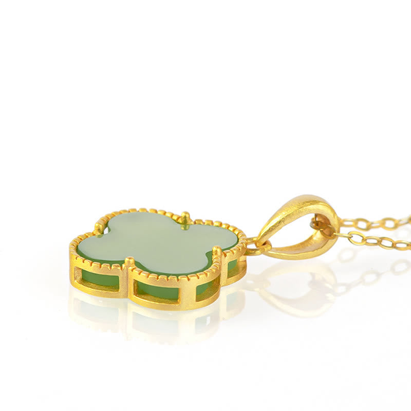 Collar con colgante de trébol de cuatro hojas de la suerte de jade hetiano natural de plata de ley 925 con Buddha Stones