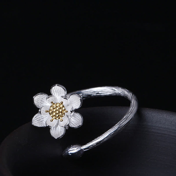 Anillo de bendición de flor de loto de plata de ley 925 con Buddha Stones