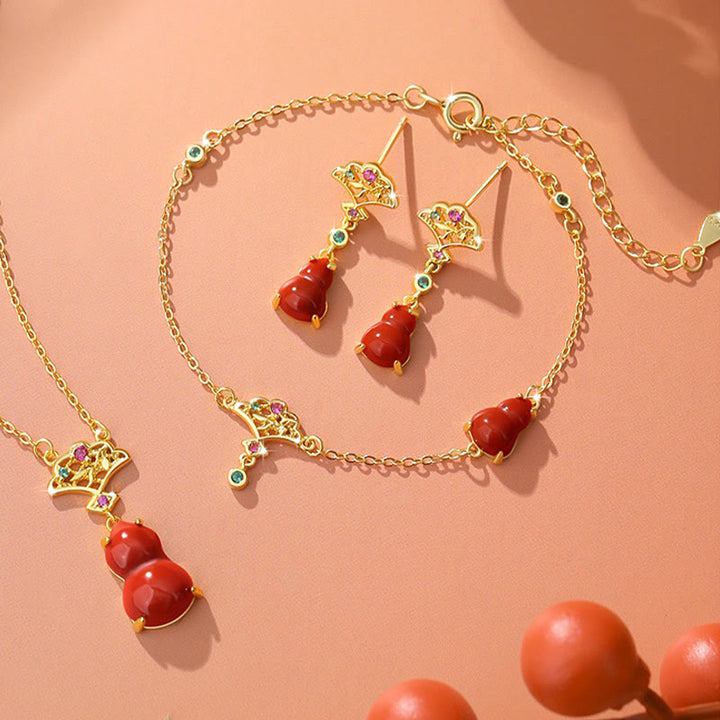 Juego de pendientes con colgante de collar y pulsera de confianza con Buddha Stones, Plata de Ley 925, ágata roja, calabaza, nubes propicias