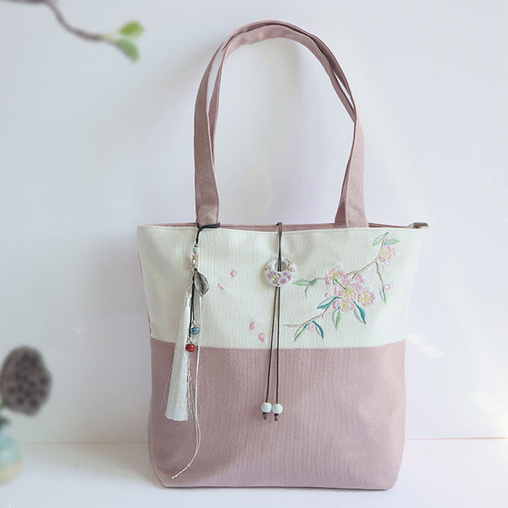 Bolso de hombro de gran capacidad con bordado de bambú, flor de pera, ciruelo, flor de melocotón, bolso de mano