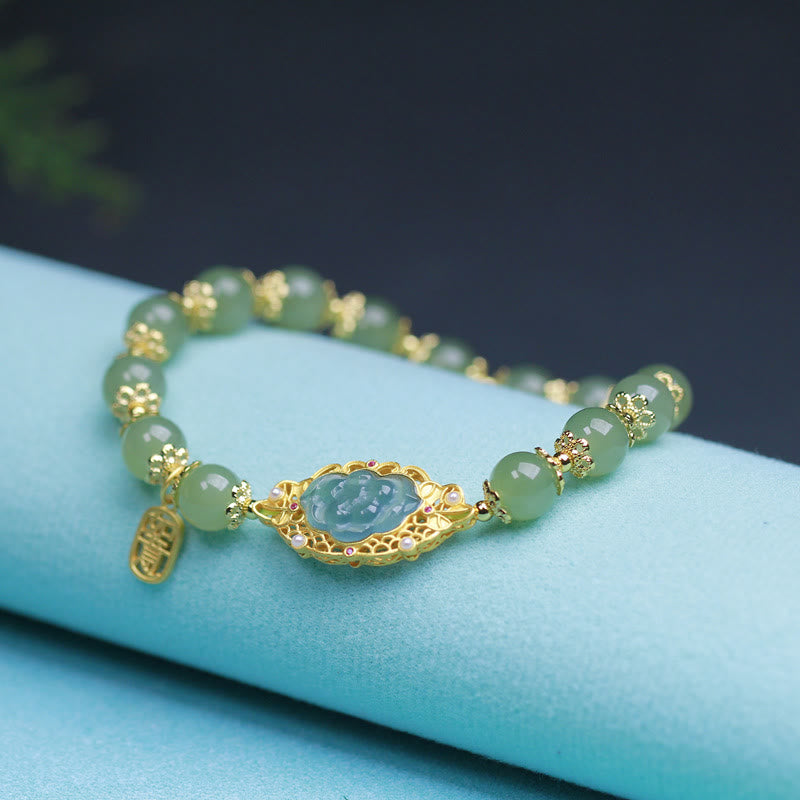 Pulsera de la suerte con Buddha Stones , jade hetiano y loto, chapada en plata de ley 925 y oro de 14 quilates - image 1