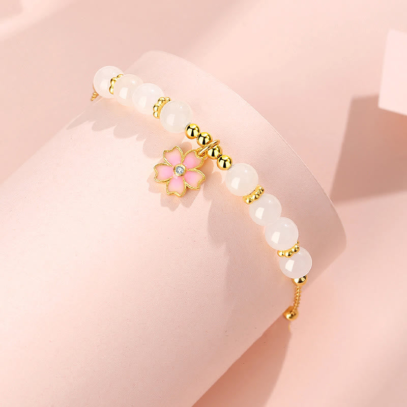 Pulsera de protección de flor de cerezo de jade blanco hetiano de plata de ley 925 con Buddha Stones - image 1