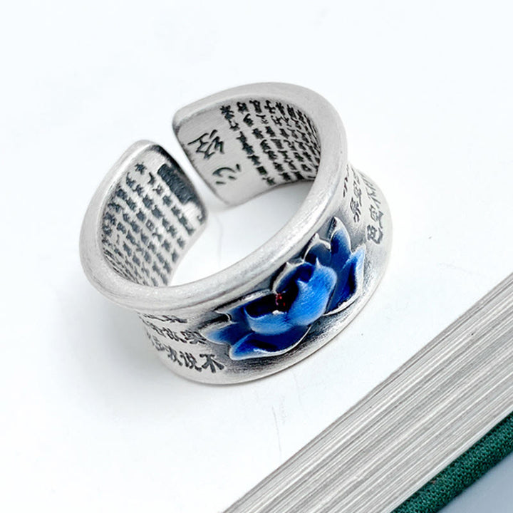 Anillo de iluminación con patrón grabado de Sutra de corazón de flor de loto azul con Buddha Stones