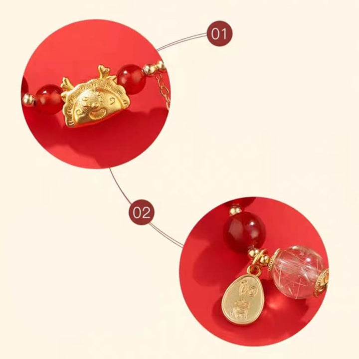 Buddha Stones Año del Dragón Dumpling Ágata Roja Natural Granate Hetian Jade Fu Personaje Suerte Éxito Pulsera