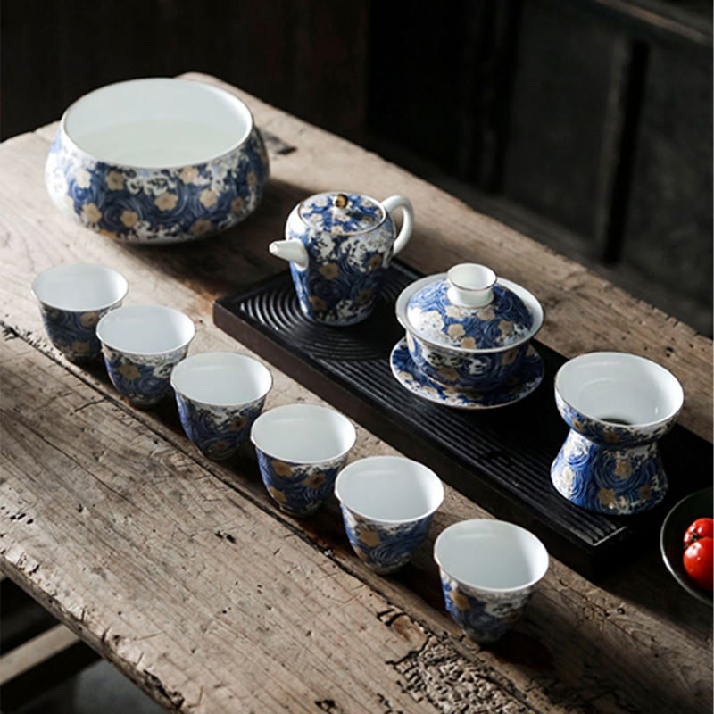 Tazas de té de cerámica con ondas del océano y el mar Vintage de Buddha Stones