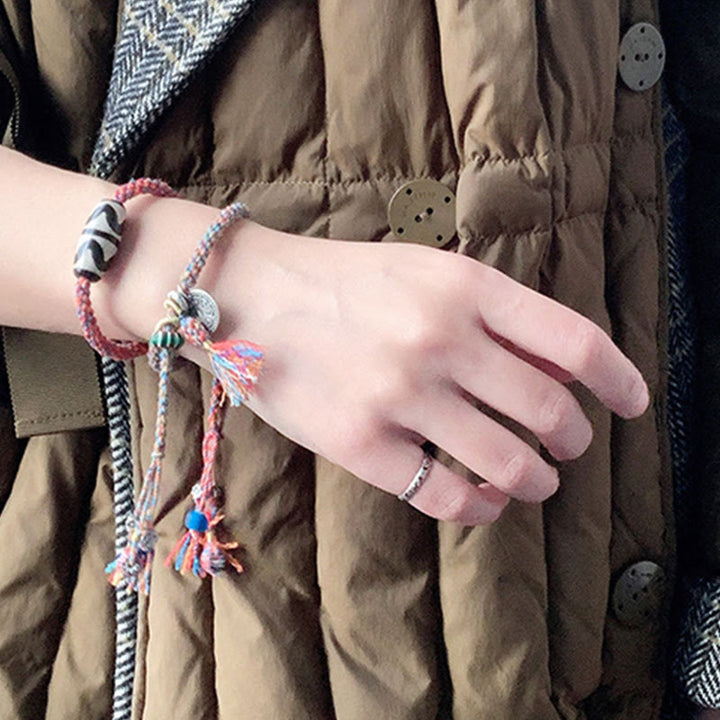 Pulsera trenzada de protección de cuentas Dzi hecha a mano Om Mani Padme Hum de plata de ley 925 tibetana