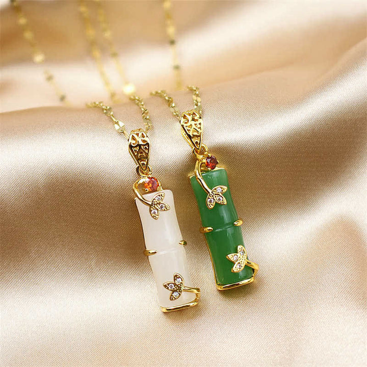 Colgante de collar de protección de la suerte de bambú con Buddha Stones, Jade blanco, cian, Jade